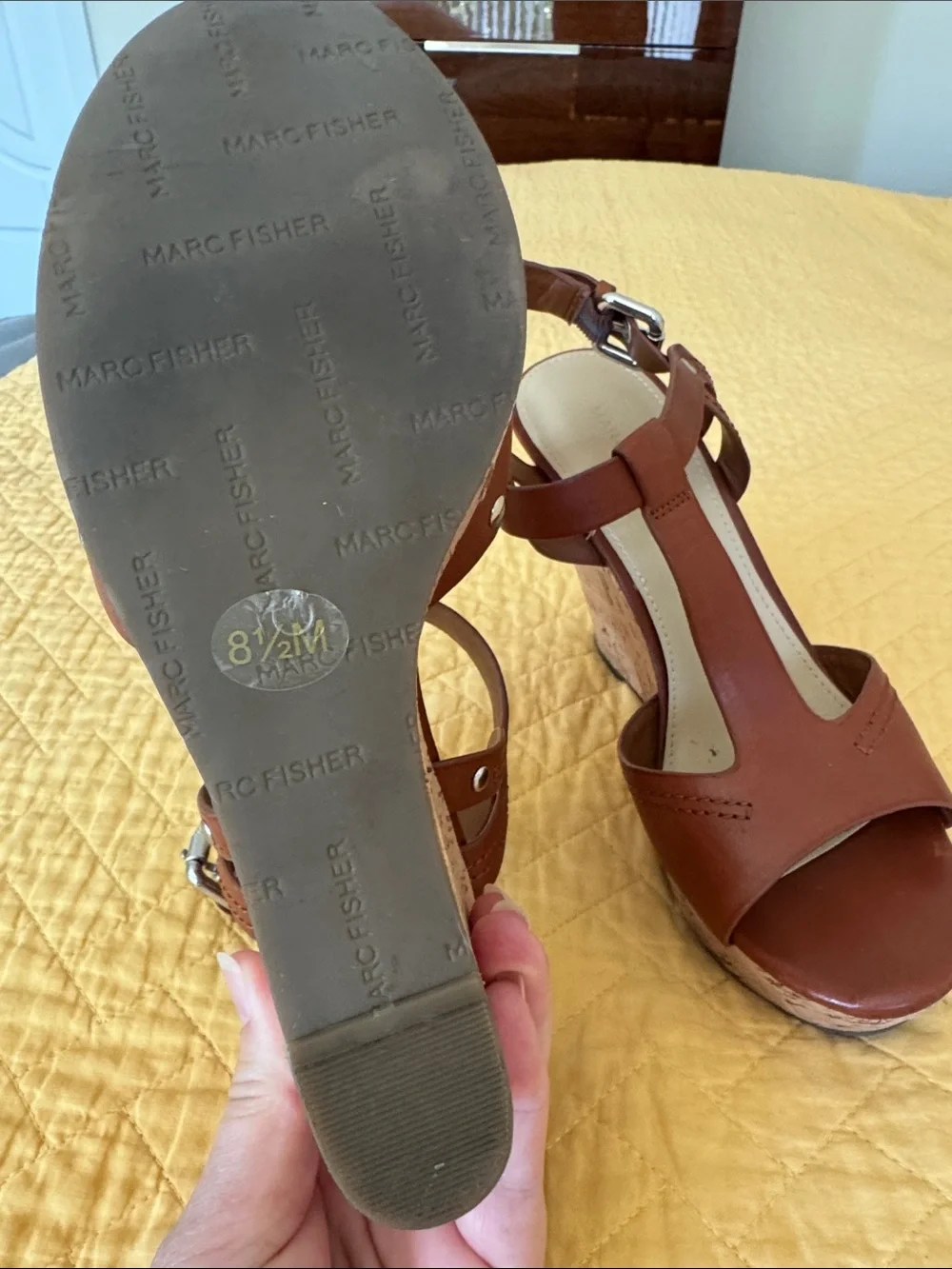 Marc Fisher Cognac Leather Cork Wedge Sandals